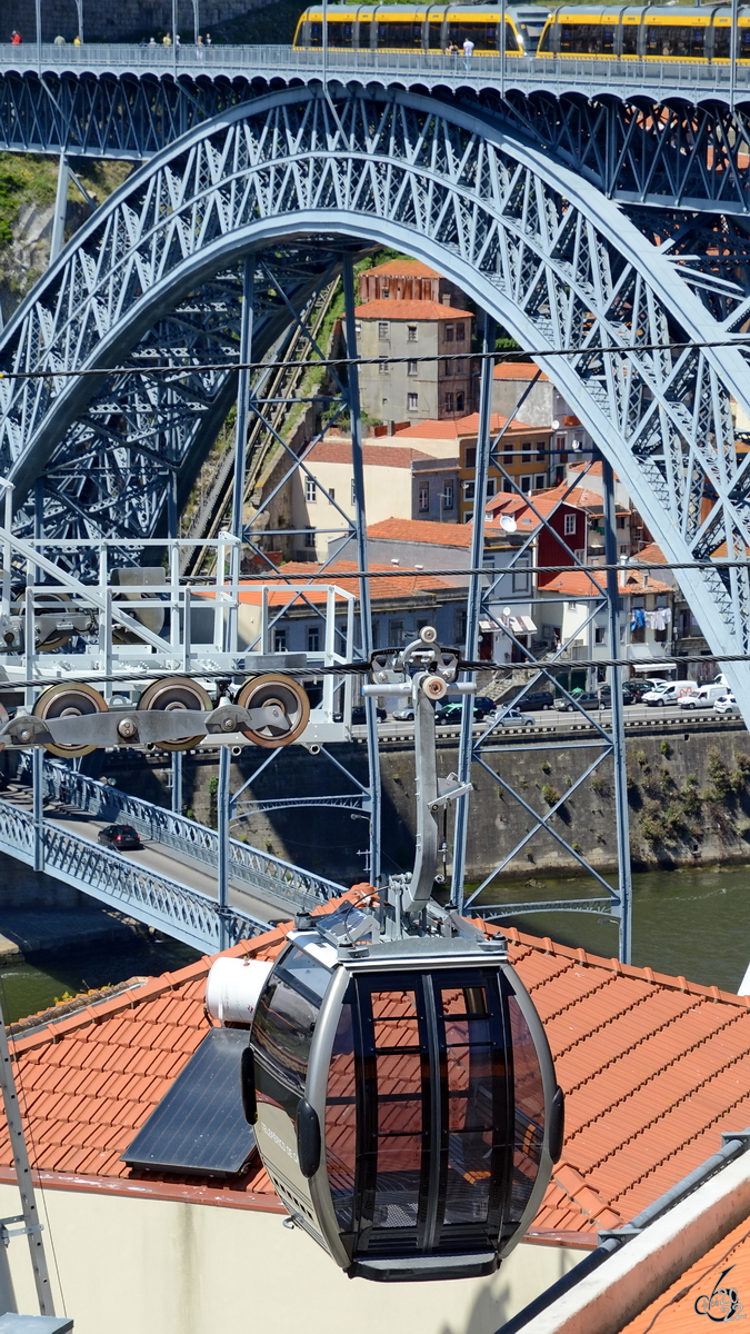 Ein Gondel der Teleférico de Gaia kurz vor der Ankunft an der Endstation am Park Jardim do Morro. (Porto, Januar 2017)