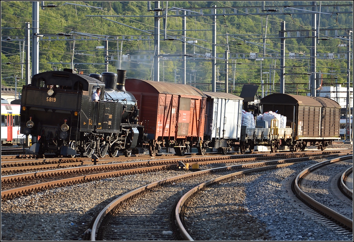 Ein Güterzug mit historischem Charme. Habersack Eb 3/3 5819 rangiert in Brugg. Juni 2015.

Für Zweifler und Admins: Standort ist der Bahnsteig.