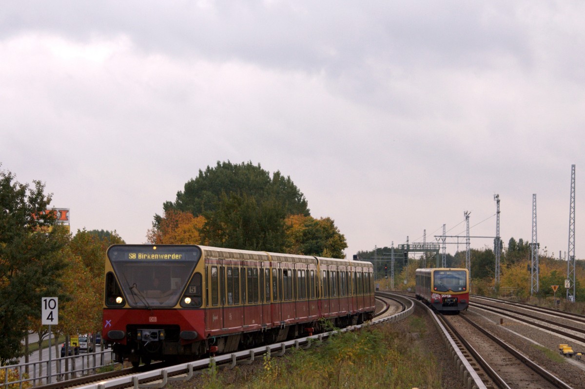 Ein Halbzug der BR 480 erreicht am 15.10.2013 als S8 ->Birkenwerder den Bahnhof Adlershof