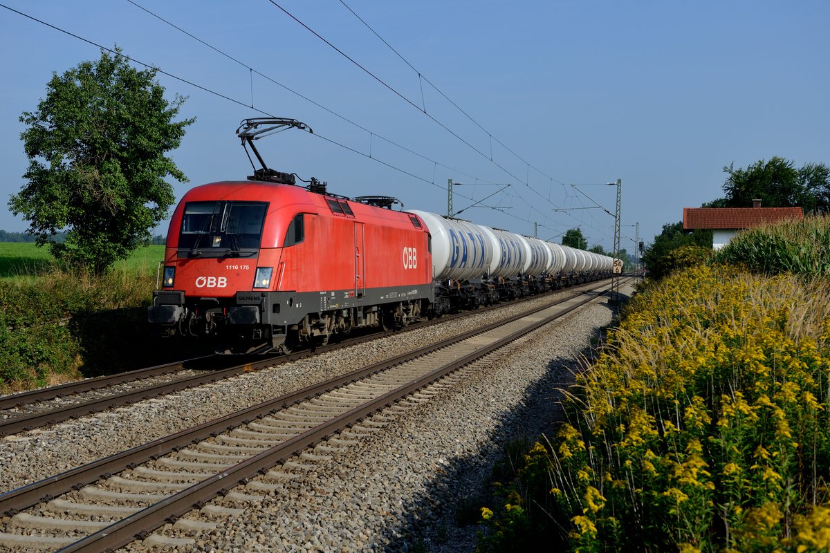 Ein Hingucker ist der samstäglich verkehrende Kesselwagenzug von München nach Koper, da er einheitlich aus neuen Kesselwagen mit GATX Beschriftung besteht. Am Morgen des 24. August 2013 konnte die Leistung mit Zuglok 1116.175 beim ehemaligen Block Hilperting abgelichtet werden.