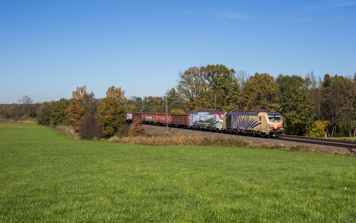 Ein interessantes Doppel bildeten am 17. Oktober 2017 193 777 und 193 773 von Lokomotion, welche mit einem Schrottzug auf dem Weg nach Kufstein waren, hier zu sehen bei Hilperting.