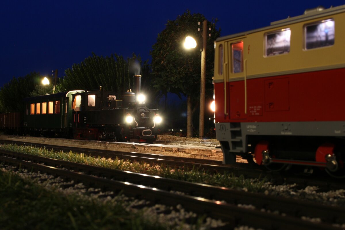 Ein letztes Fotomotiv am 16.8.2021 in Trassdorf stellte eine Zugkreuzung der 2095.05 mit der 298.56 dar.
Die 298 brachte die Eisenbahnfreunde zurück nach Untertal während die 2095 mit den Güterwagen nach Brunn am Berg zurückkehrte.
