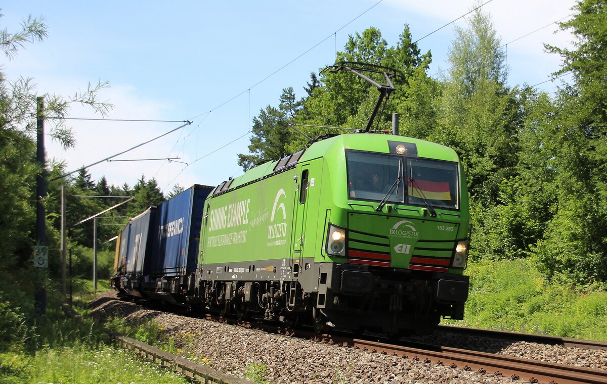 Ein leuchtendes Beispiel für einen freundlichen Lokführer...  Shining Example  Vectron 193-283 irgendwo im Nirgendwo zwischen Grafing und Assling an der KBS 950/951 am 27.06.2021