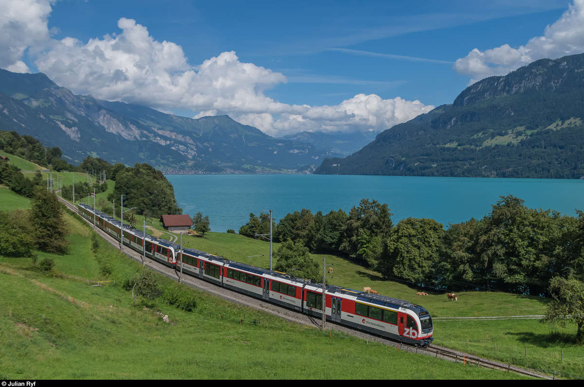 Ein Luzern-Interlaken-Express bestehend aus einem FINK und einem ADLER fährt am 11. August 2016 bei Niederried am Brienzersee in Richtung Interlaken Ost.