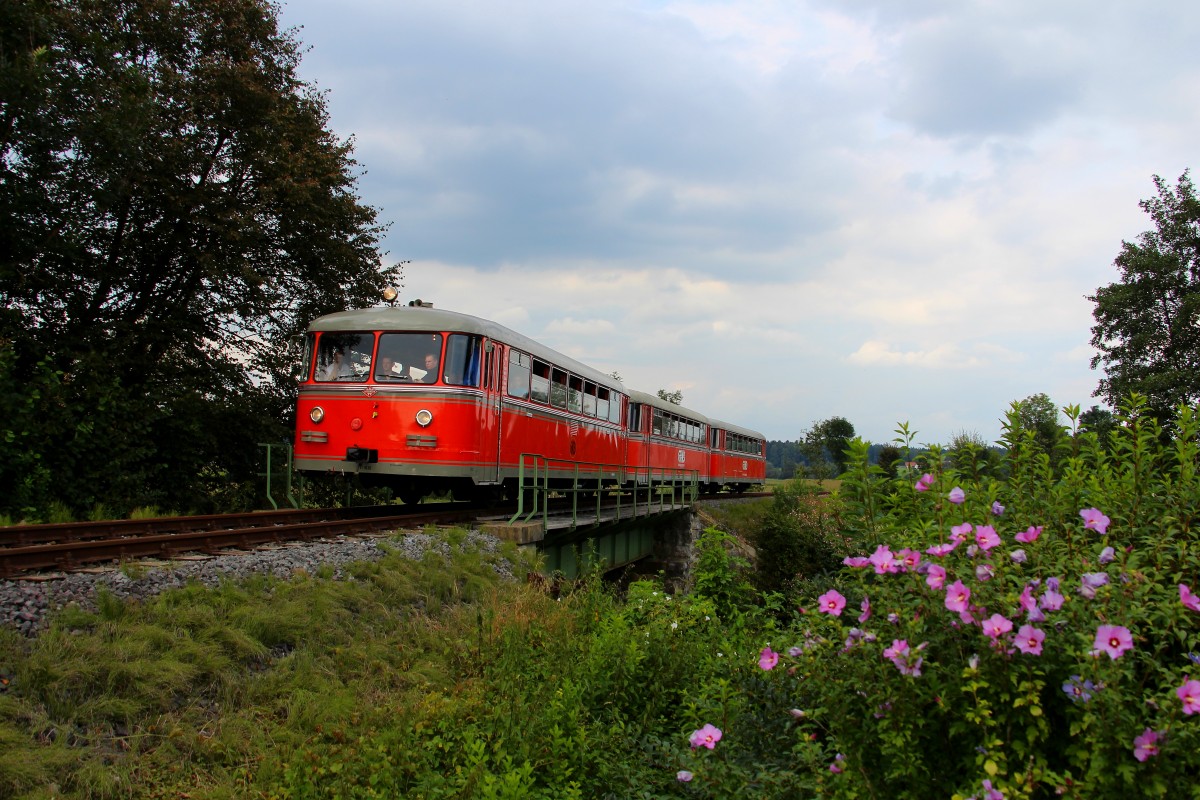 Ein markantes quitschen , das unverkennbare Motorengeräusch und mit einer älteren im Rollstuhl sitzenden Dame in Erinnerungen der längst vergangenen Zeiten zu schwelgen in denen der Ürdinger durchs Sulmtal rollte sind wohl die schönsten Anzeichen dafür das der  Rote Blitz   gleich um die Kurve rattert. An diesem Wochenende war es wiedereinmal so weit das die legendäre Sulmtalbahn mit großer Unterstützung der Graz Köflacher Eisenbahn und der Interessengemeinschaft  Freunde der Sulmtalbahn  befahren werden konnte. Hier zu sehen VT10.02,VB10.02 und VB10.12 kurz vor Gasselsdorf am 30.08.2014