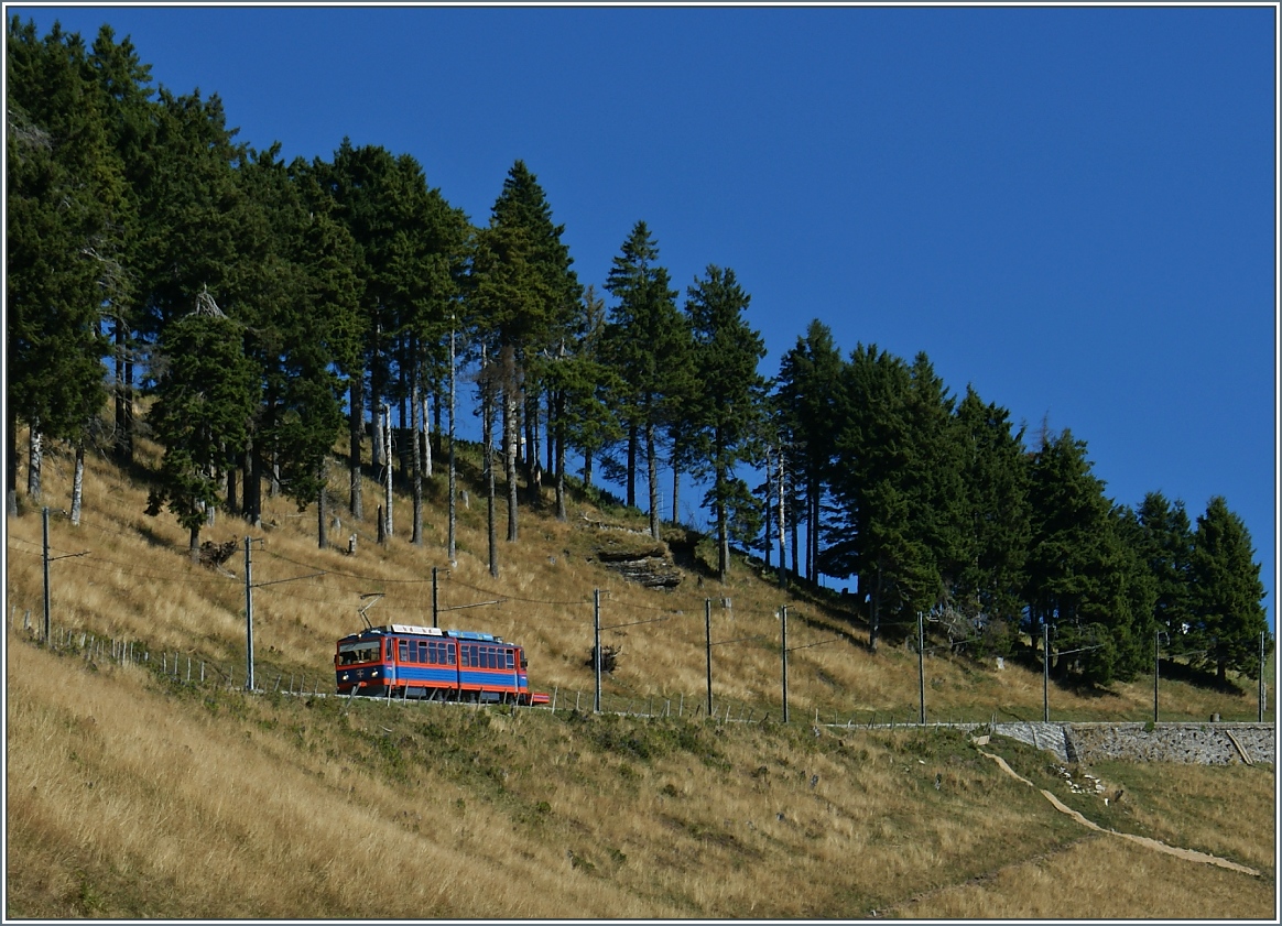 Ein Monte Generoso Zug auf der Fahrt ins Tal, kurz nach der Abfahrt vom Gipfel.
(13.09.2013)