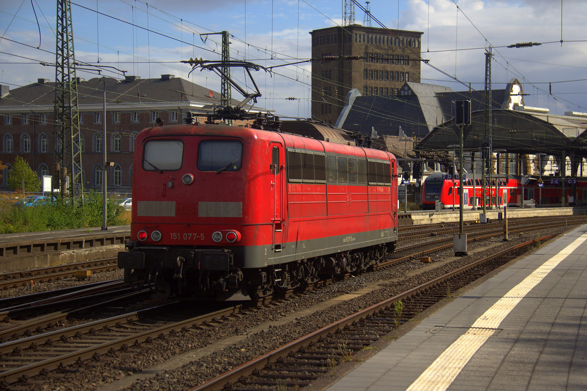Ein Nachschuss von der 151 077-5 von DB-Railpool  und kamm als Lokzug aus Aachen-West nach Köln-Gremberg und kamm aus Richtung Aachen-West,Aachen-Schanz und fuhr durch Aachen-Hbf in Richtung Aachen-Rothe-Erde,Stolberg-Hbf(Rheinland)Eschweiler-Hbf,Langerwehe,Düren,Merzenich,Buir,Horrem,Kerpen-Köln-Ehrenfeld,Köln-West,Köln-Süd. Aufgenommen vom Bahnsteig 6  vom Aachen-Hbf. 
Am 13.8.2018.