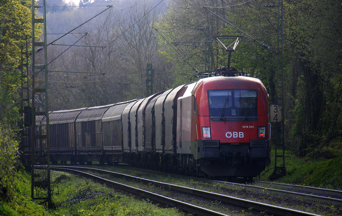 Ein Nachschuss von dem Taurus 1016 041 von ÖBB  fährt als Schubhilfe sie schiebt einem schweren Coilzug aus Linz Voestalpine(A) nach Antwerpen Waaslandhaven(B) bis zum Gemmenicher-Tunnel. 
Vorne fährt die Class 66 266 031-4 von Railtraxx. Aufgenommen an der Gemmenicher-Rampe am Gemmenicher-Weg auf dem Montzenroute. 
Bei schönem Frühlingswetter am Nachmittag vom 18.4.2016.