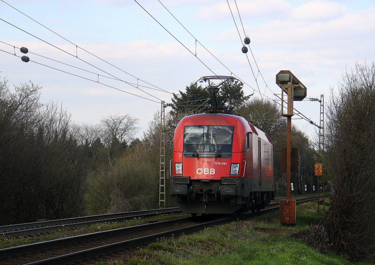 Ein Nachschuss von dem Taurus 1016 041 von ÖBB kommt von einer Schubhilfe vom Gemmenicher Tunnel zurück nach Aachen-West. 
Aufgenommen an der Gemmenicher-Rampe am Gemmenicher-Weg auf dem Montzenroute. 
Bei schönem Frühlingswetter am Nachmittag vom 18.4.2016.