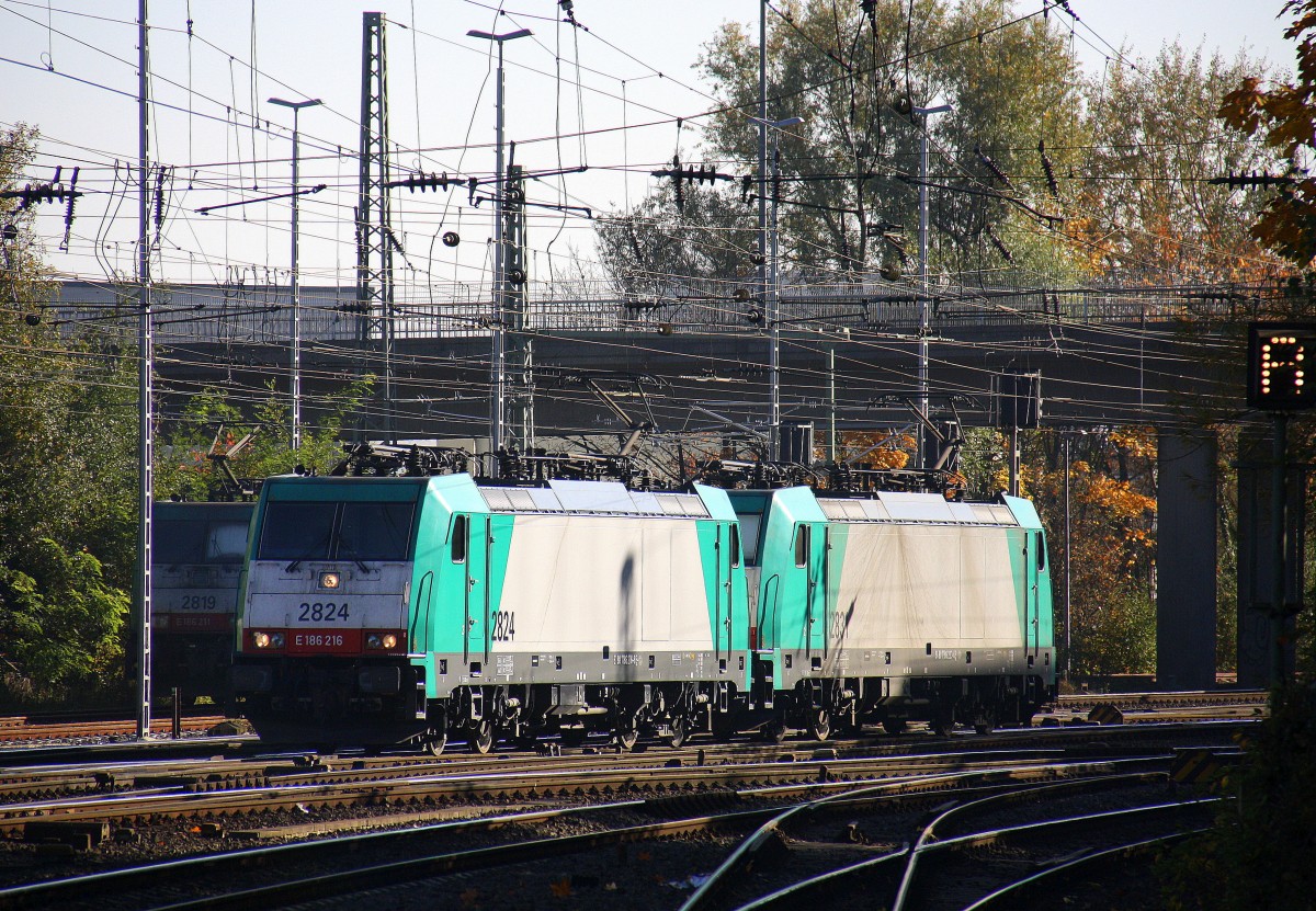 Ein Nachschuss von Zwei Cobra 2824 und 2831 rangiern in Aachen-West.
Aufgenommen vom Bahnsteig in Aachen-West. 
Bei schönem Herbstwetter am Mittag vom 31.10.2015.