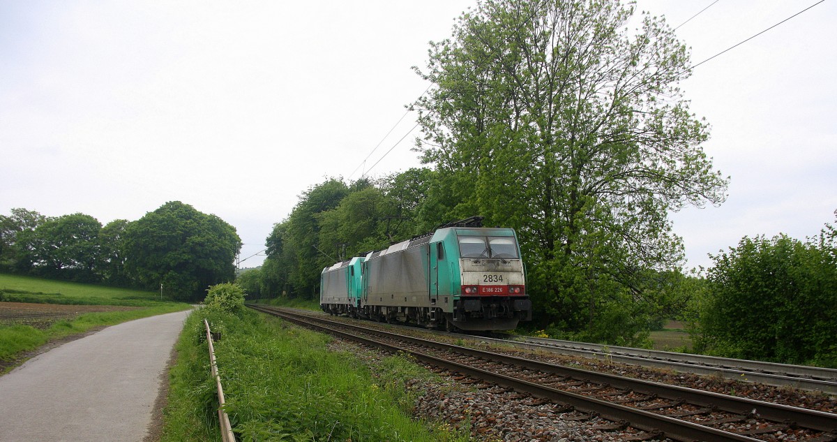 Ein Nachschuss von zwei Cobra 2834 und 2816 sie fahren als Lokzug von Aachen-West nach Belgien.
Aufgenommen an der Montzenroute am Gemmenicher-Weg. Bei Wolken am Mittag vom 15.5.2015.