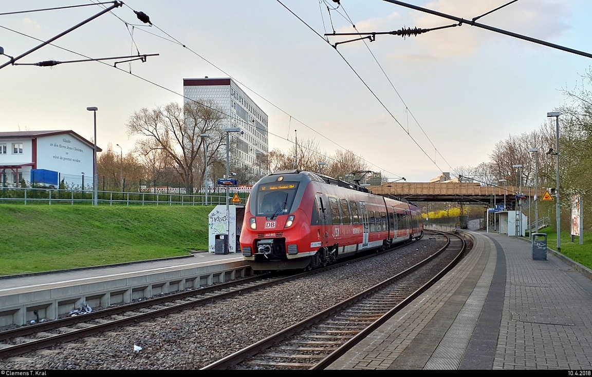 Ein  neues  Gesicht bei der S-Bahn Mitteldeutschland...
442 602 (Bombardier Talent 2) des Rhein-Sieg-Express (DB Regio NRW) als S 37761 (S7) von Halle-Nietleben nach Halle(Saale)Hbf Gl. 13a steht im Hp Halle Zscherbener Straße auf der Bahnstrecke Merseburg–Halle-Nietleben (KBS 588). [10.4.2018 | 19:24 Uhr]