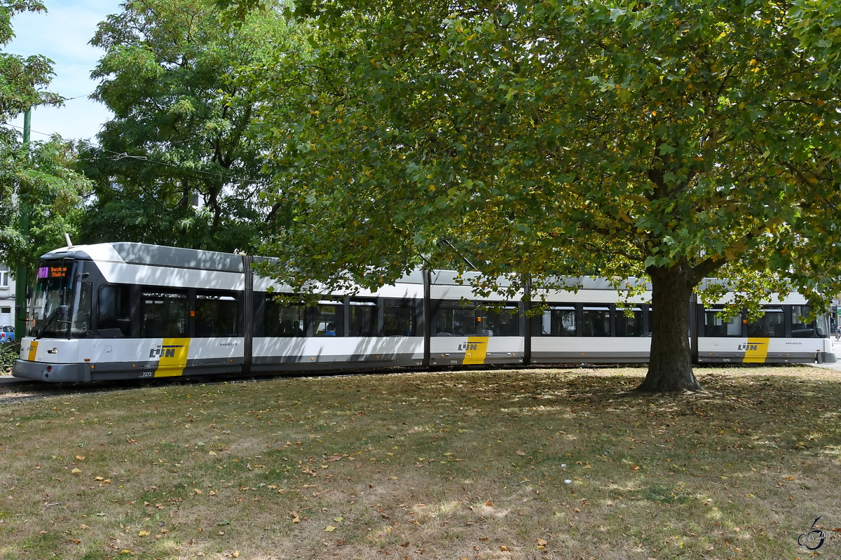 Ein Niederflurwagen vom Typs HermeLijn der Straßenbahn macht in Antwerpen-Berchem eine kleine Pause. (Juli 2018)