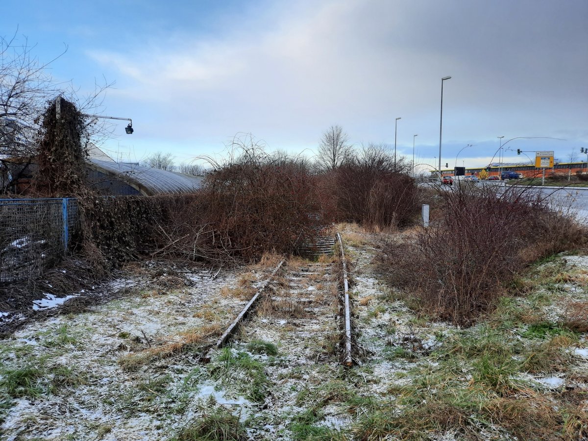Ein noch vorhandenes Gleisstck der ehem. S-Bahn Erfurt / Kleinbahn von Erfurt nach Nottleben, zwischen dem Bahnhof Erfurt Nord und dem frheren Hp Gyrer Strae; am 13.01.2021. 