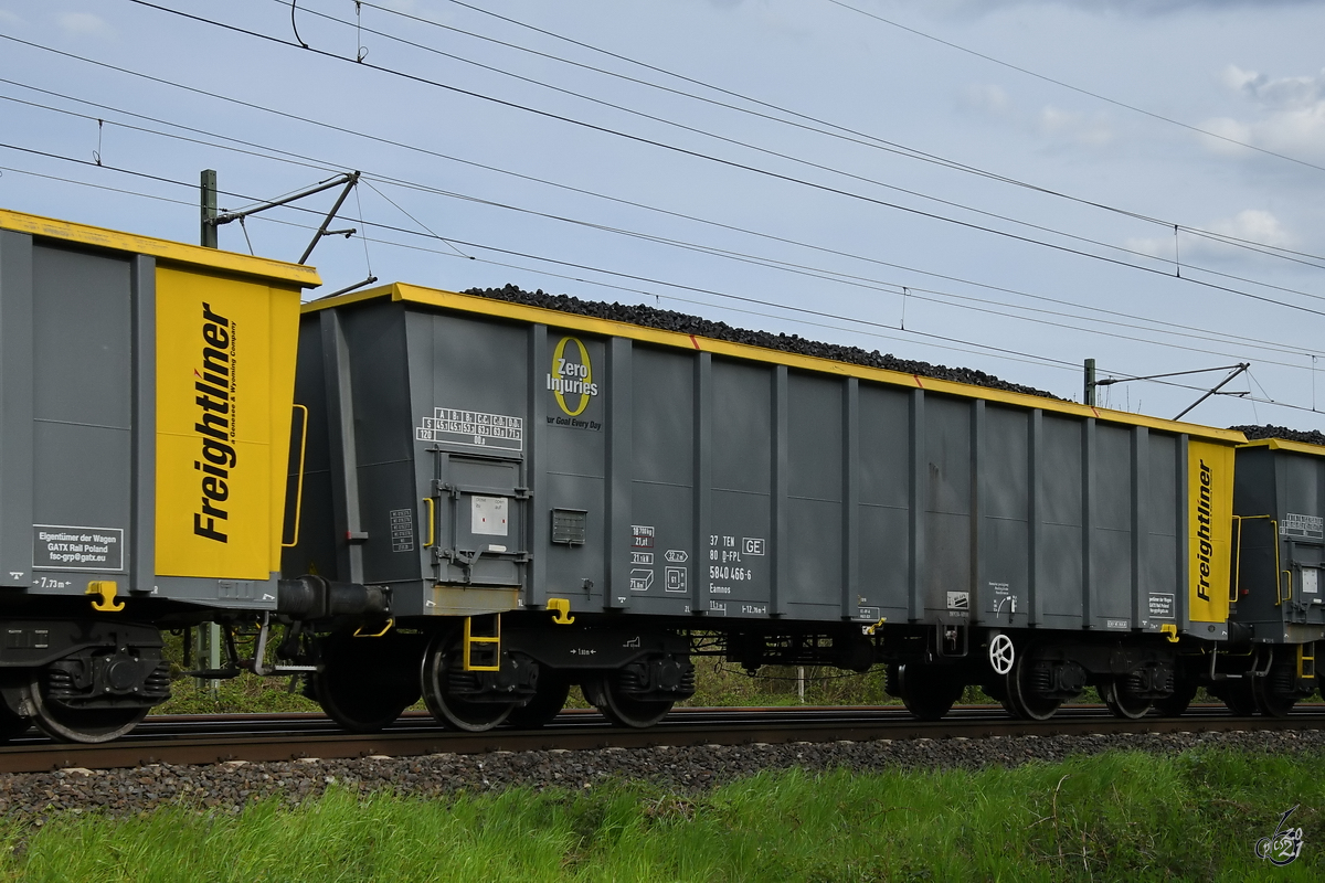 Ein offener Eamnos-Güterwagen (37 80 5840 391-6) war Anfang Mai 2021 in Lintorf zu sehen.
