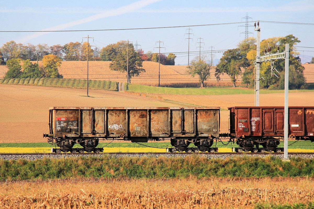 Ein paar Details zu den Zuckerrübentransporten auf der MBC (ehemals BAM) am 17.Oktober 2017: Ein auf 4 Rollböcken aufgebockter Güterwagen unterwegs zu den Rüben, bei Chigny. (der Hintergrund ist bewusst etwas überbelichtet)