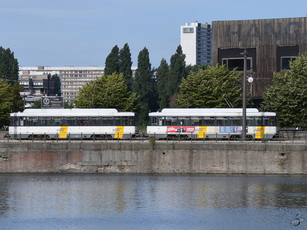 Ein PCC-Wagen der Straßenbahn ist Ende Juli 2018 in Antwerpen unterwegs.