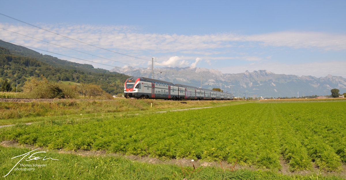 Ein RABe 511 (Stadler Kiss) unterwegs im Rheintal in Richtung Chur. Foto aufgenommen am 23.9.2017