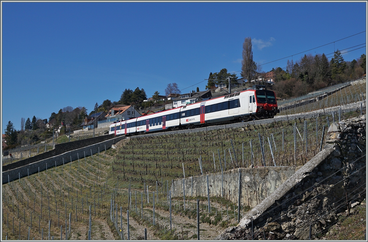 Ein RBDe 560 mit Zwischenwagen und ABt als S7 12773 kurz nach Chexbres auf der  Train des Vignes  Strecke. 
26. März 2016