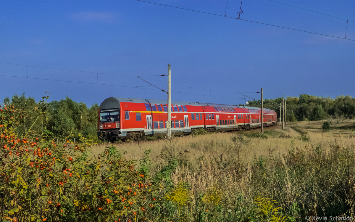 Ein RE3 von Elsterwerda nach Schwedt(Oder) wird gerade über die sog. Kramer-Kurve vom Berliner Außenring auf die Anhalter Bahn geleitet. (08.09.2014)