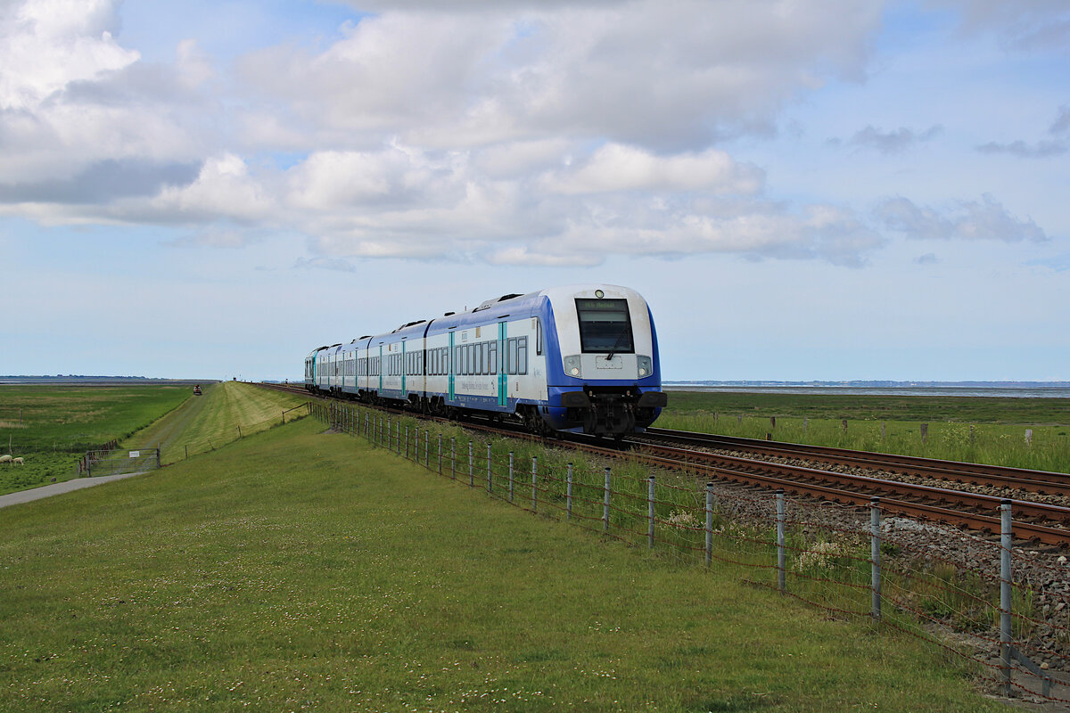 Ein RE6 zu Fahrt nach Niebüll verlässt den Hindeburgdamm von der Insel Sylt kommend und erreicht in Kürze seinen nächsten Halt Klaxbüll. (31.05.2022)