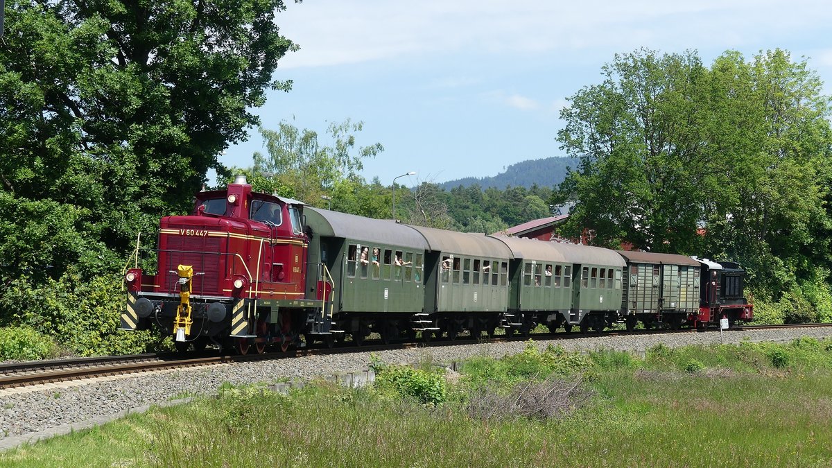 Ein Sandwich aus V60 und V36 pendelte anlässlich des Königsteiner Bahnhofsfestes zwischen Königstein (Taunus) und Frankfurt-Höchst. Hier ist ein solcher Sonderzug auf seiner Reise nach Höchst kurt hinter Schneidhain zu sehen. Aufgenommen am 21.5.2018 12:46
