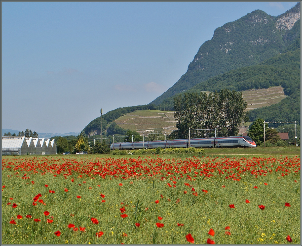 Ein SBB ETR 610 auf dem Weg nach Genève kurz nach Aigle.
27. Mai 2015