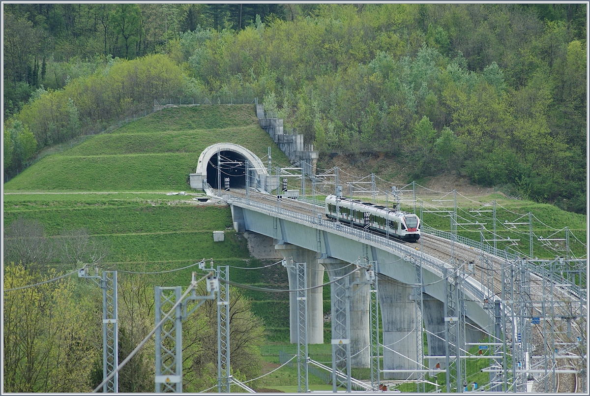 Ein SBB TILO Flirt auf dem Weg Richtung Stabio fährt über die 438 Meter langen Bevera Brücke und wird in Kürze in den 970 Meter langen Bevera Tunnel eintauchen um unmittelbar darauf im Bahnhof Cantello Gaggiolo anzukommen. 

27. April 2019