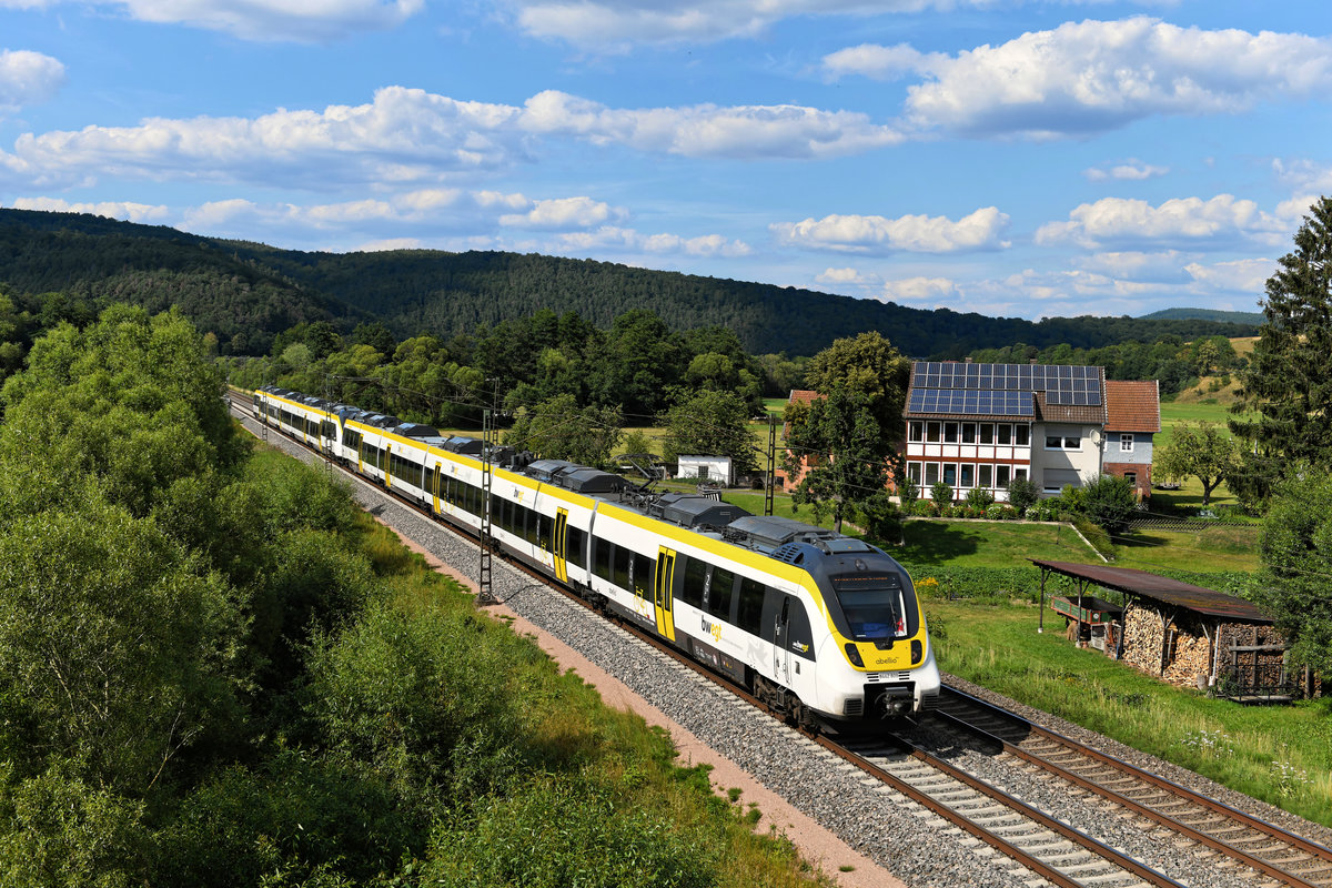 Ein schwäbischer Hamster in Osthessen: Vom Hersteller Bombardier Transportation zum künftigen Einsatzgebiet wurden am 18. Juli 2020 zwei Triebzüge vom Typ Talent 2 für abellio Rail Baden-Württemberg überführt. Bei Meisenbach im Haunetal konnte ich die Leistung fotografieren. 
