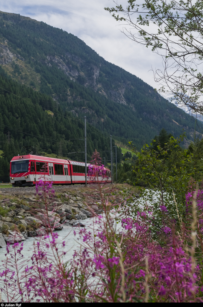 Ein Shuttlezug aus Zermatt hat am 31. Juli 2015 auf seiner Fahrt entlang der Mattervispa Täsch schon fast erreicht.