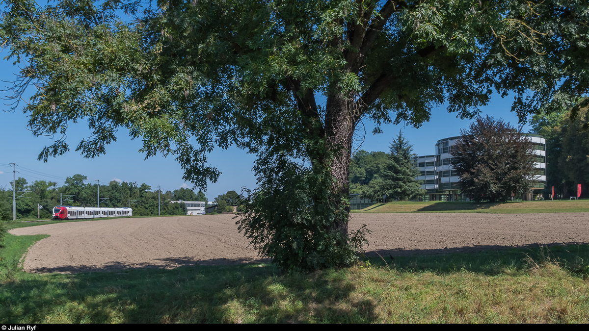 Ein TPF FLIRT auf der S20 Neuchâtel - Fribourg erreicht am 28. August 2016 Muntelier-Löwenberg. Rechts ist das Tagungszentrum Centre Löwenberg der SBB zu sehen.