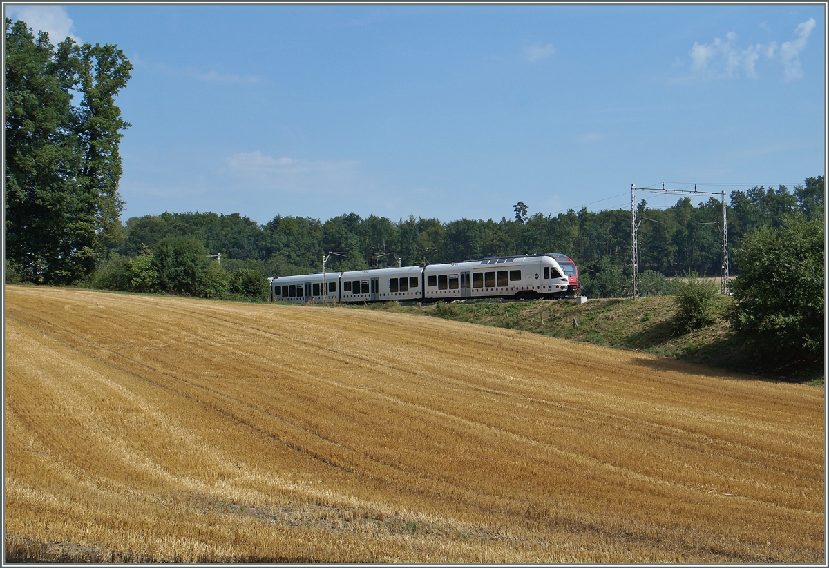 Ein TPF RABe 527 als RE 4015 auf dem Weg von Bulle nach Fribourg zwischen Neyruz und Rosé. 
6. August 2015