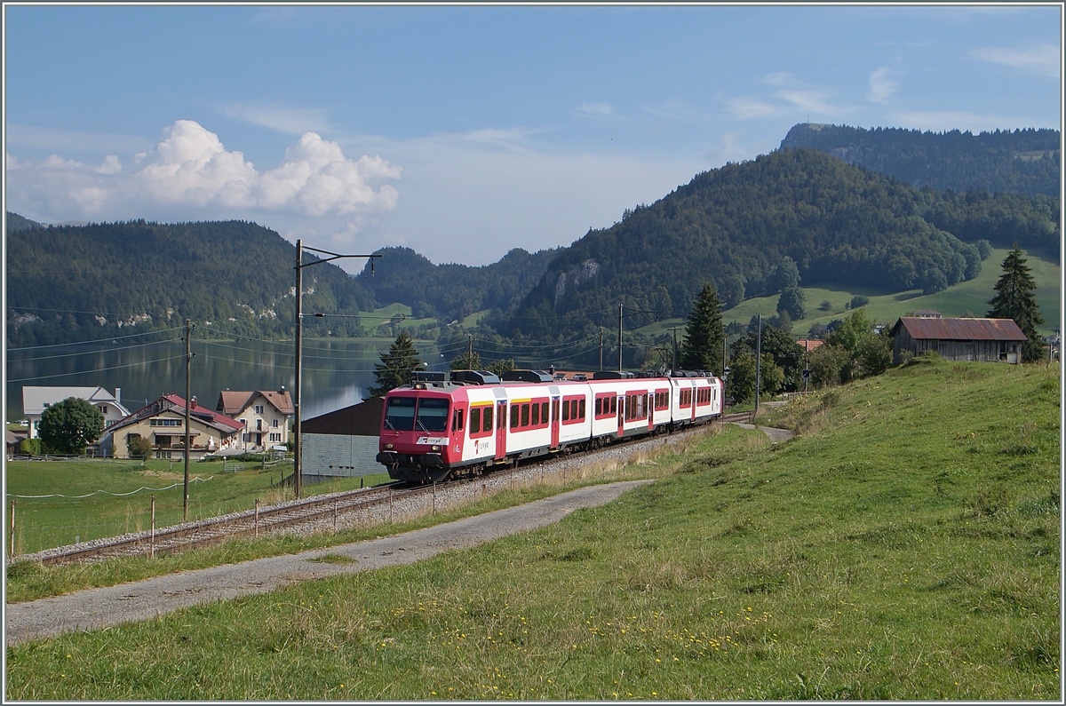 Ein Travys / PBr Domino RABe 560 ist als Regionalzug von Vallorbe nach Le Brassus bei Les Charbonnières unterwegs.
5. Sept. 2014