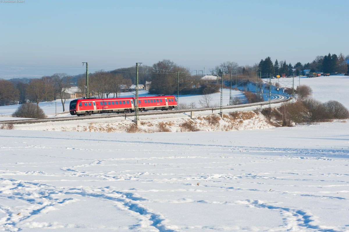 Ein unbekannt gebliebener 612er als Überführungsfahrt bei Grobau Richtung Chemnitz, 27.01.2017