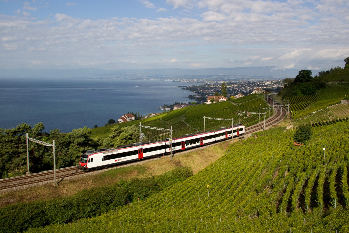 Ein Unbekannter 560 (Domino) als S21 (Lausanne - Payerne) bei Grandvaux am 22.08.14