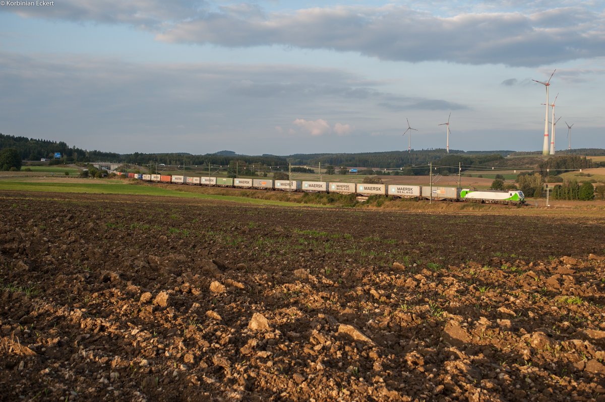 Ein Vectron der Baureihe 193 der SETG bringt den Containerzug Hamburg-Wiesau gerade auf den letzten Kilometern bis Hof, danach übernimmt ein ER20 bis Wiesau. Hier wurde der Zug vor Feilitzsch aufgenommen, 21.09.2016