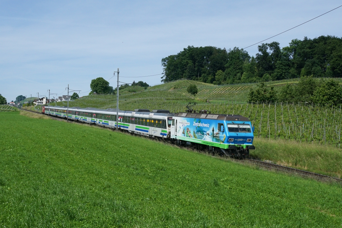 Ein Voralpen-Express mit der führenden Re 456 091-8 rollt am 31.05.2015 von Wollerau Richtung Freienbach.