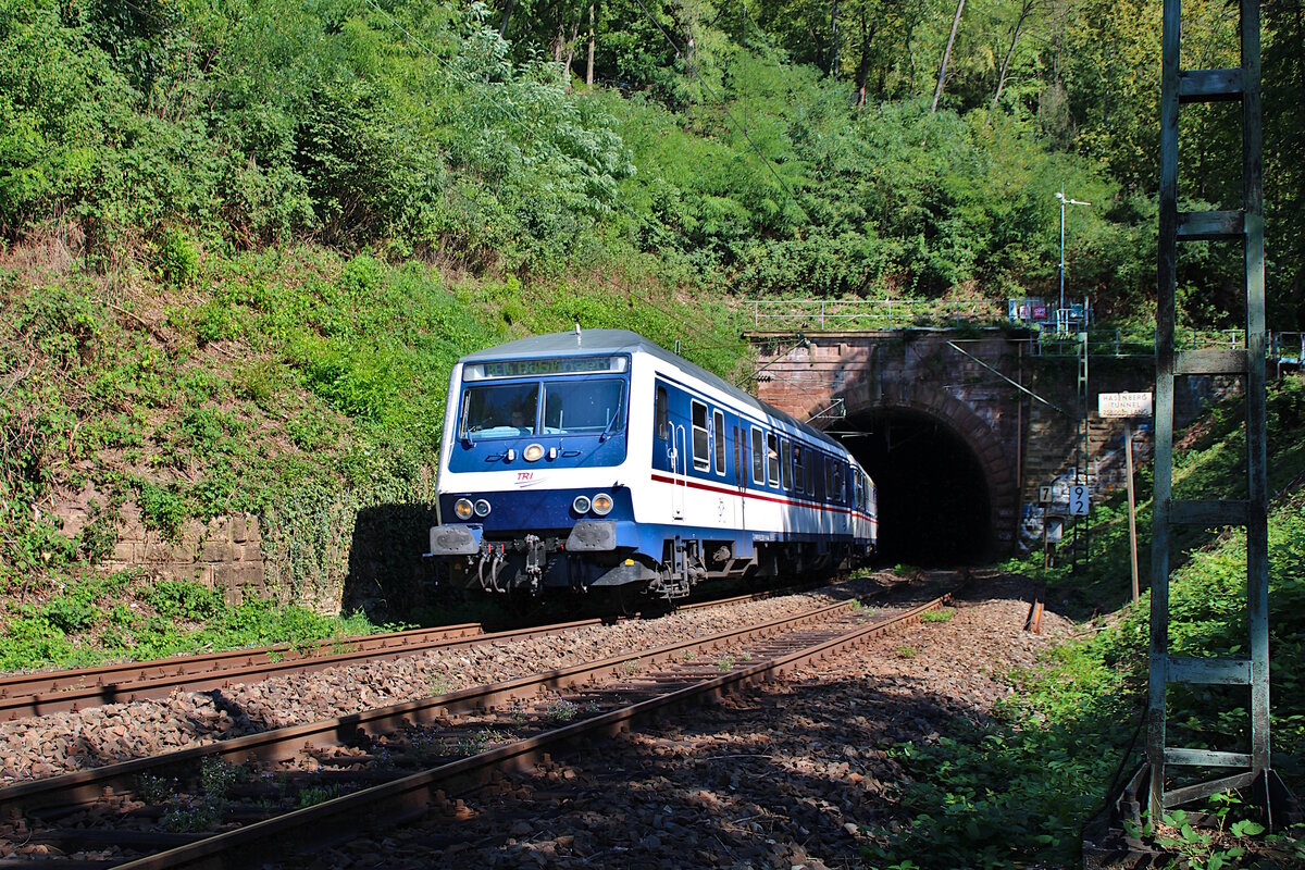 Ein Wittenberger Steuerwagen von TRI taucht aus dem Hasenbergtunnel auf der Stuttgarter Panoramabahn als RE14 nach Böblingen hervor. (08.09.2023)