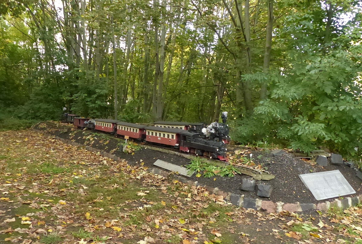 Ein Zug der Harzer Schmalspurbahnen als 1:10 Steinmodell, am 28.09.2019 am ehemaligen Bahnhof Gerbstedt.