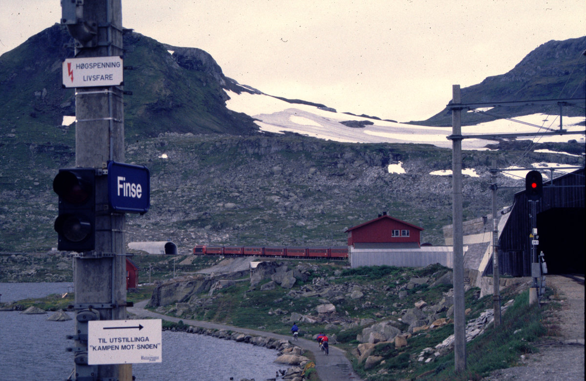 Ein Zug mit einer El 18 vor dem 10,3 km langen Finsetunnel. (August 1998, Scan vom Farbdia)