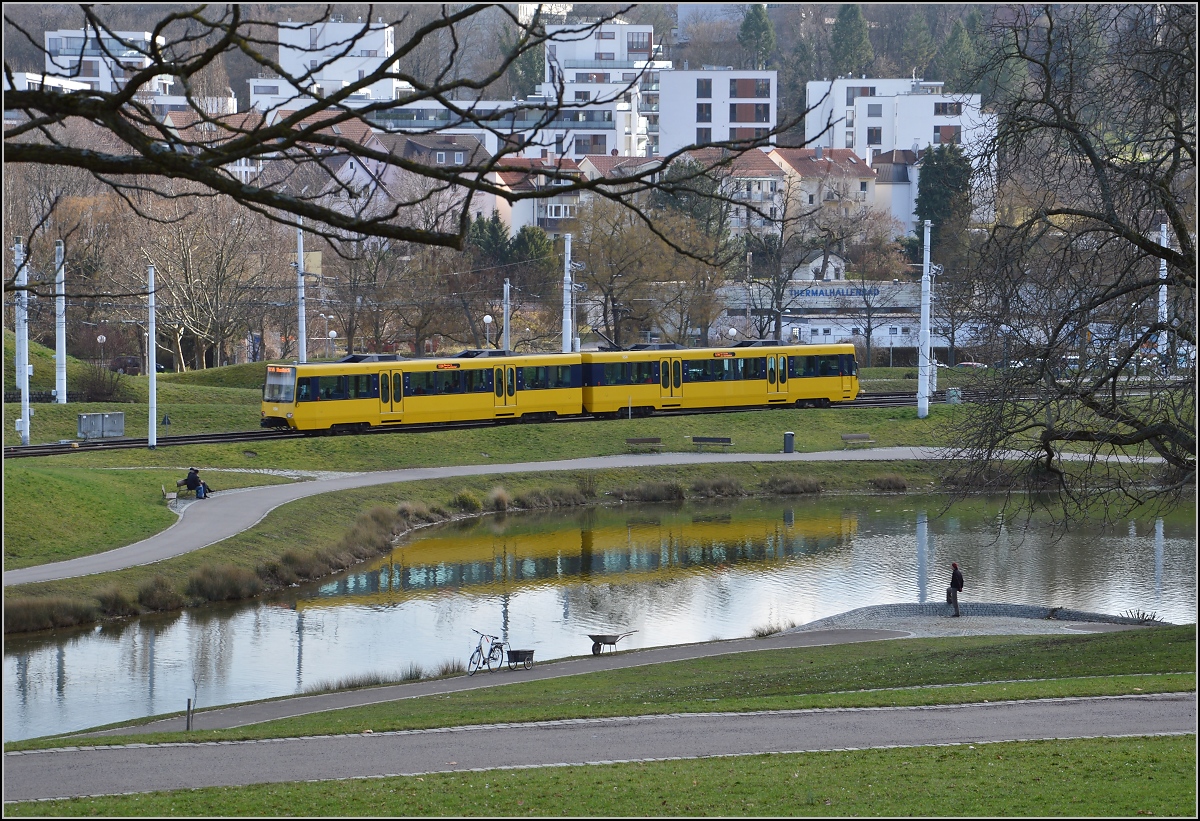 Ein Zug der SSB spiegelt sich im Teich am Rosensteinpark. Stuttgart, Februar 2016