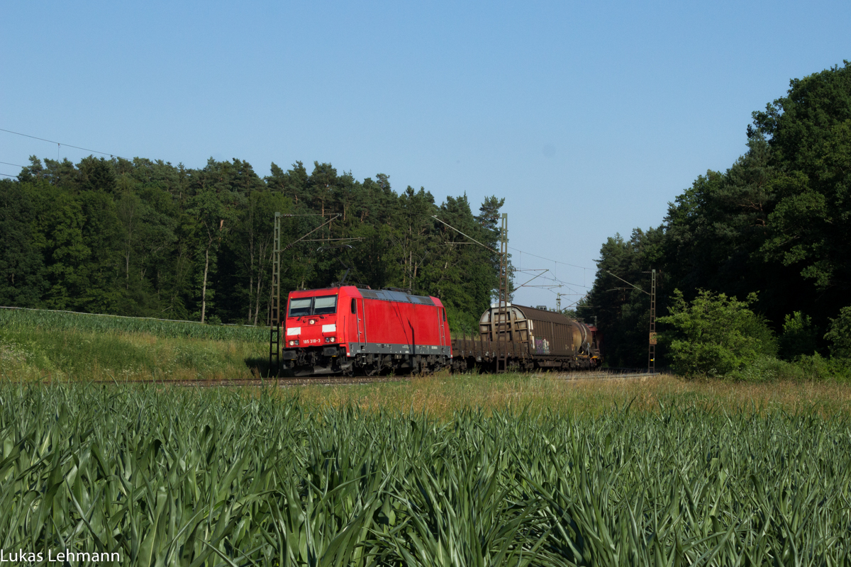 Eine 185 318-3 zieht einen gemischten Güterzug in richtung Nürnberg. Fotografiert in Mimberg am 02.07.2015