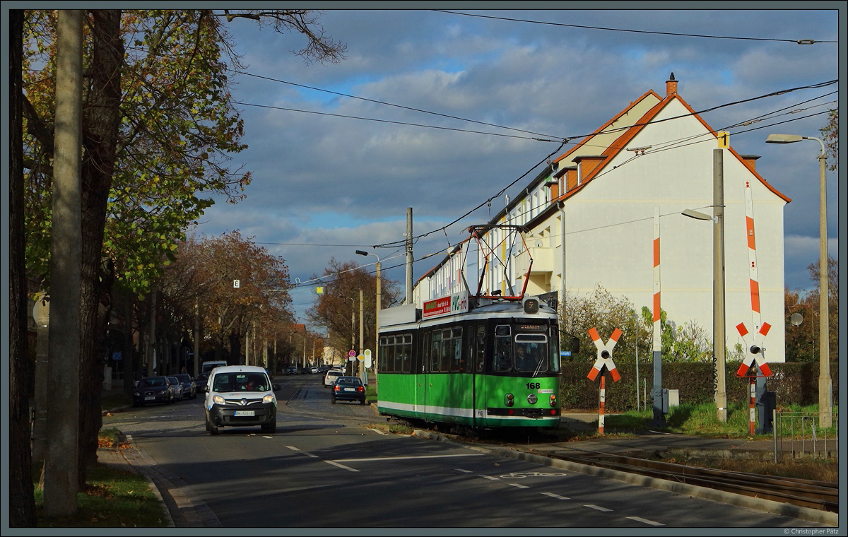 Eine Besonderheit des Halberstädter Straßenbahnnetzes ist die höhengleiche Kreuzung der Bahnstrecke Halberstadt - Blankenburg an zwei Stellen. Tw 168, ein aus Nordhausen übernommener GT 4 ZR, überquert am 13.11.2020 den BÜ Westerhäuser Straße als Linie 2.
