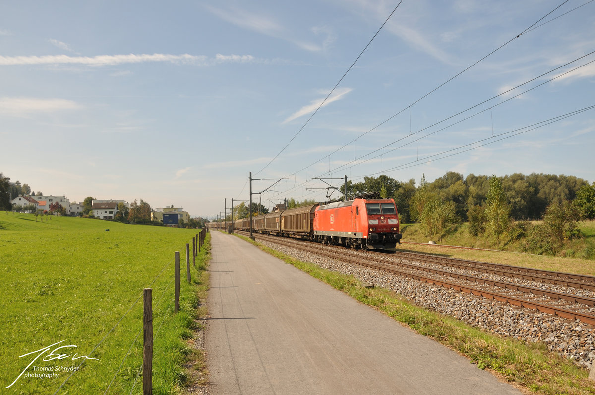 Eine BR 185 unterwegs mit dem  Red Bull Zug  in Richtung St. Margrethen. Foto aufgenommen am 22.9.2017 bei Staad. 