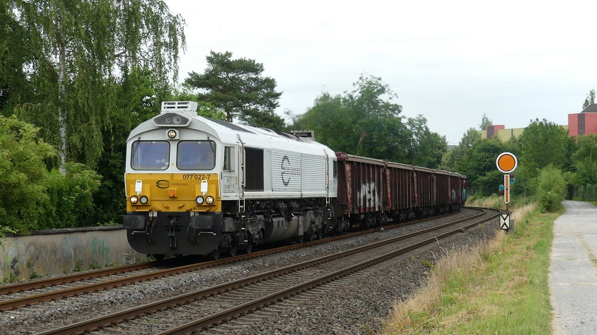 Eine Class 66 zieht ihren Güterzug südlich von Staffel gen Limburg. Aufgenommen am 19.6.2018 18:03