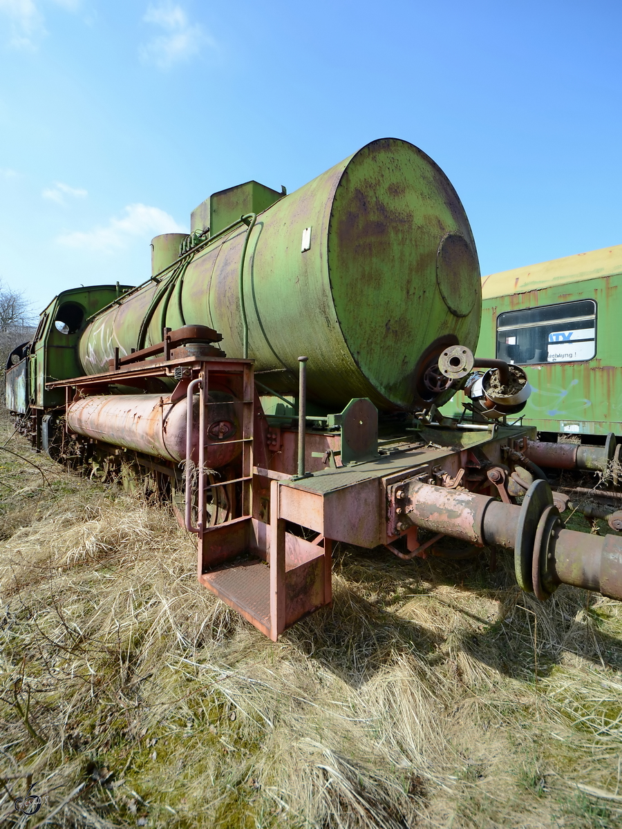 Eine Dampfspeicherlokomotive Raw Meiningen Typ FLC, gesehen im Sächsischen Eisenbahnmuseum Chemnitz-Hilbersdorf.