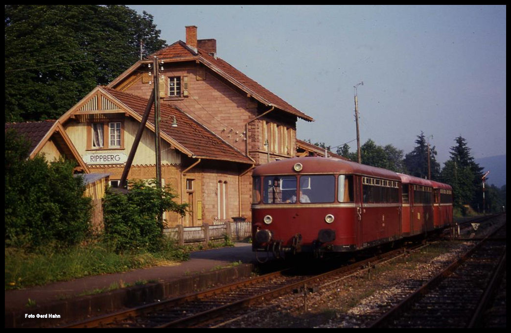 Eine dreiteilige Schienenbus Einheit, bestehend aus 798824, 998728 und 998127 hält hier als Zug 7613 nach Seckach am 5.7.1991 um 8.15 Uhr in Rippberg.