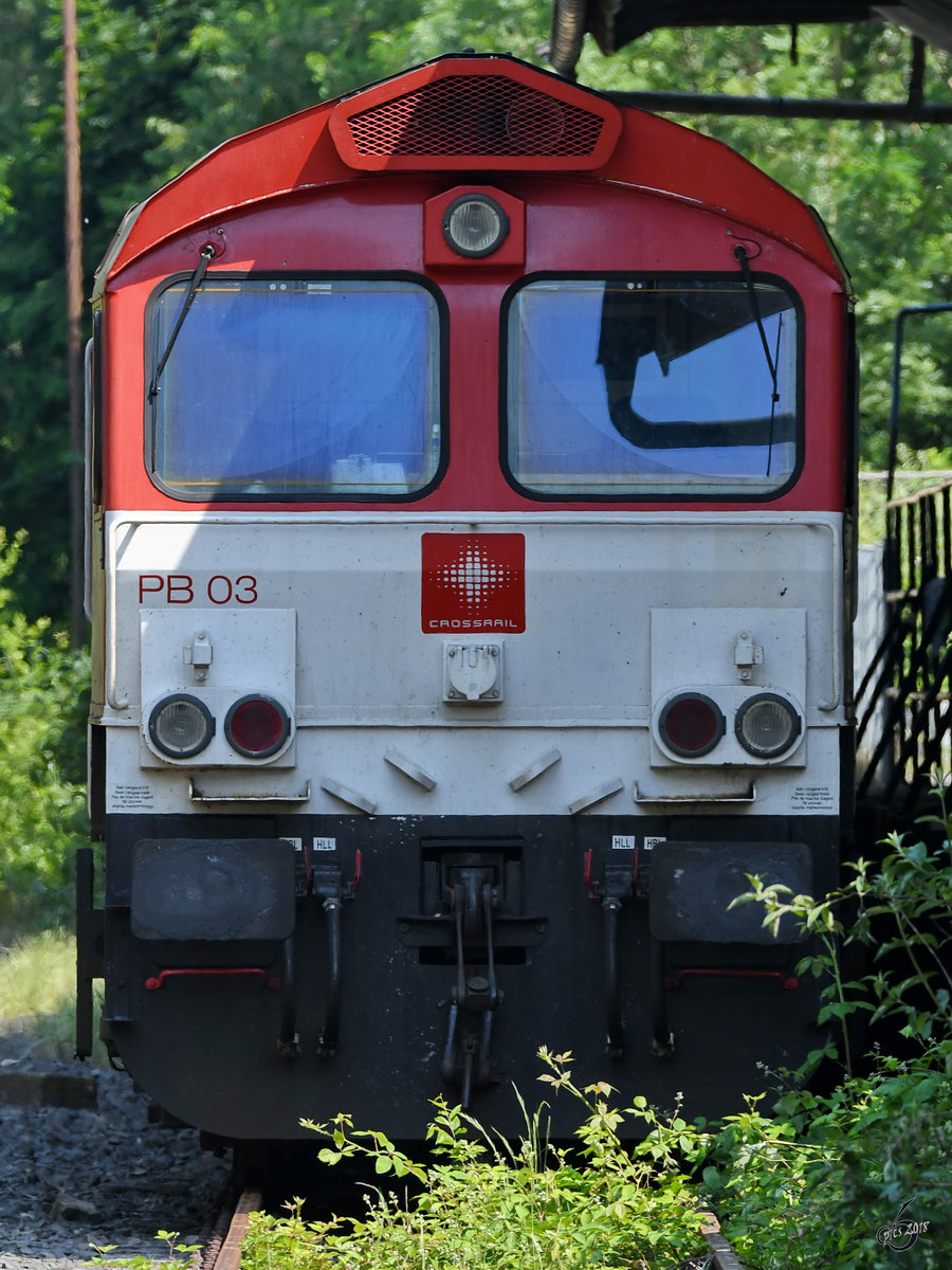 Eine Ende März 2018 in Hatttingen abgestellte Diesellokomotive Class 66  PB 03  von Crossrail.