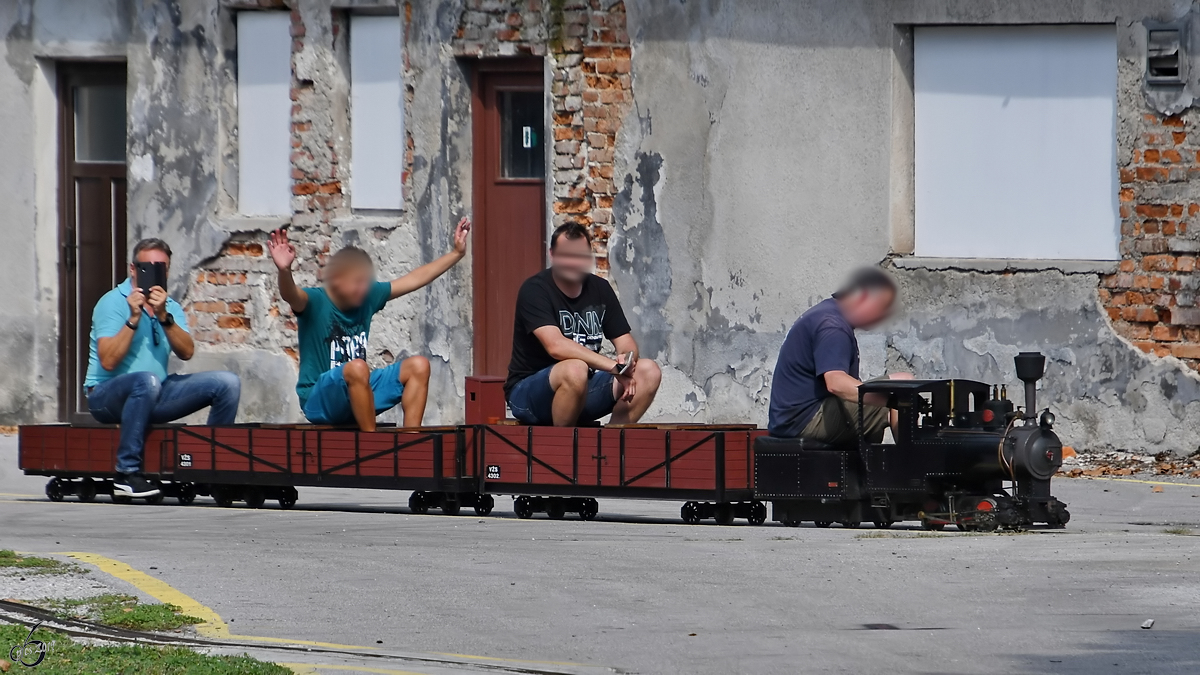 Eine Fahrt mit der Gartenbahn macht aus Männern wieder Jungs. (Eisenbahnmuseum Ljubljana, August 2019)