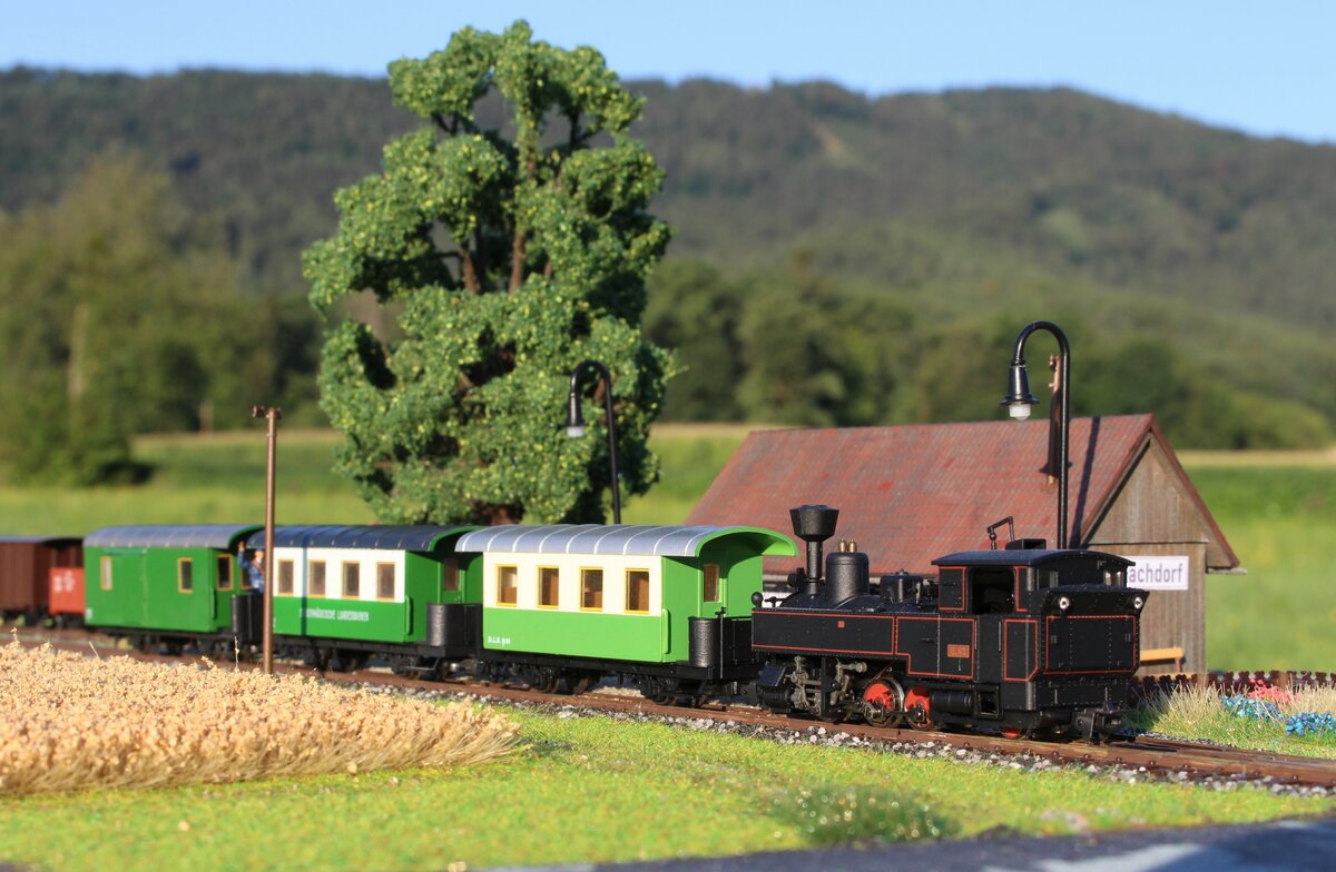 Eine gute Stunde verspätet war am 16. August 1978 der FW2 bespannt mit der U43 auf seiner Fahrt von Wildbach nach Frauental-Bad Gams.
Hier steht der Zug in der Halte- und Ladestelle Wildbachdorf und wartet auf die Weiterfahrt.

Bild vom 11.8.2022